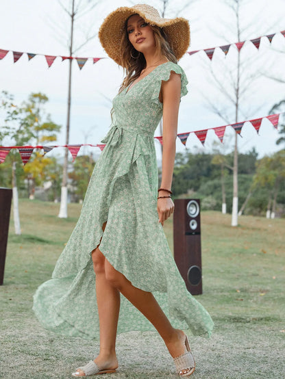 Women's Wrap Maxi Dress – High-Low Hem – Cap Sleeves – Flowy Floral Design