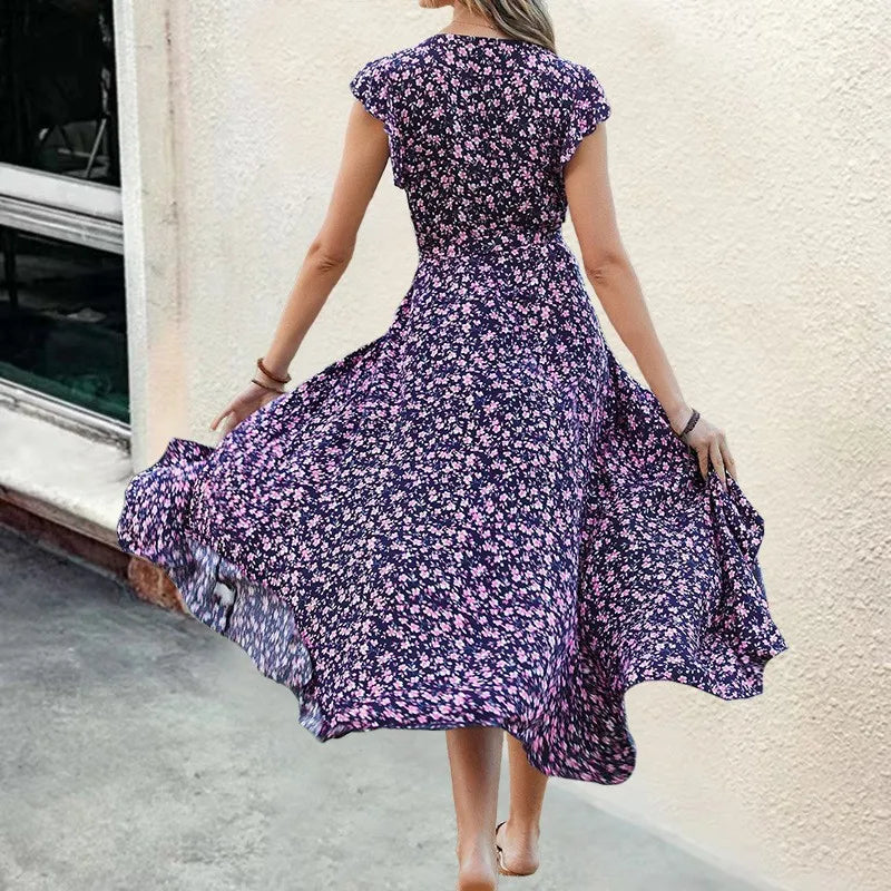Women's Wrap Maxi Dress – High-Low Hem – Cap Sleeves – Flowy Floral Design