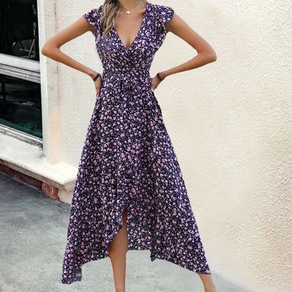 Women's Wrap Maxi Dress – High-Low Hem – Cap Sleeves – Flowy Floral Design