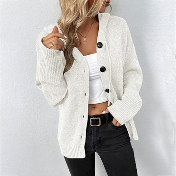 Women's knit drawstring hooded button-down cardigan