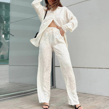 Women's long-sleeve loose button-down leopard print pajama set with pants