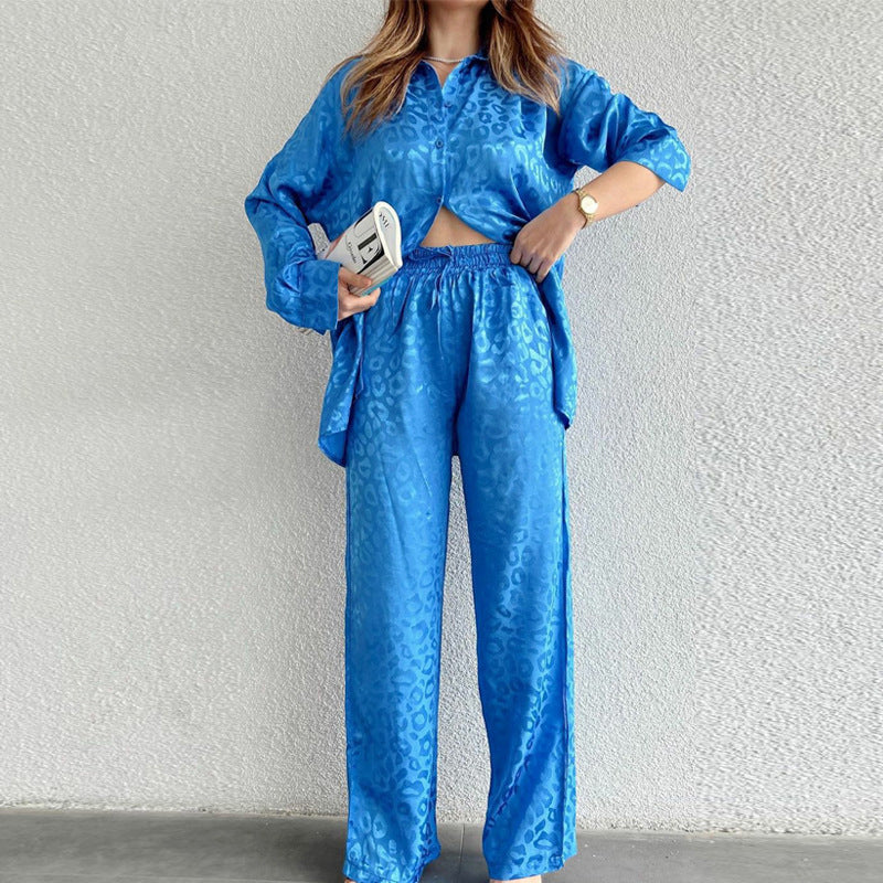 Women's long-sleeve loose button-down leopard print pajama set with pants