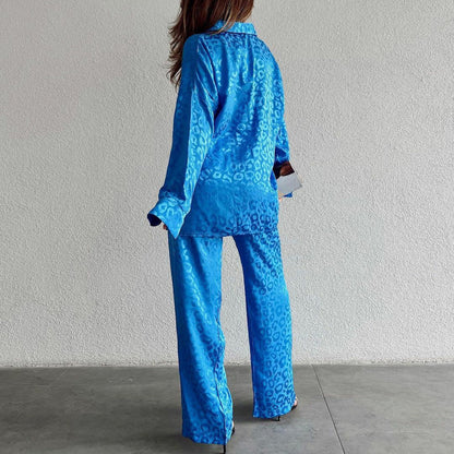 Women's long-sleeve loose button-down leopard print pajama set with pants