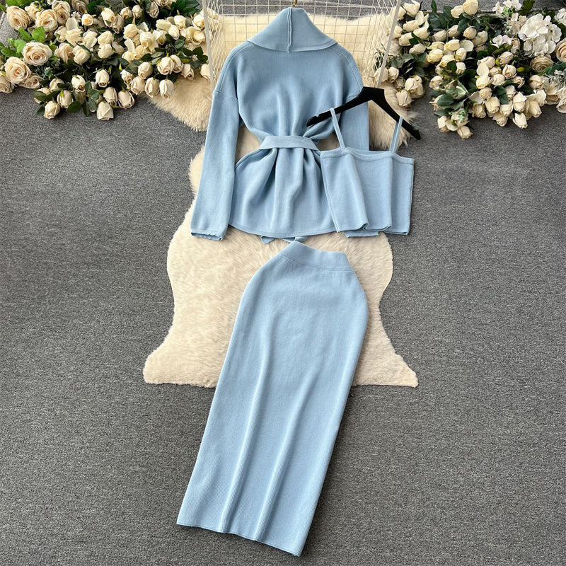 Women's long sleeve belted cardigan cami top & midi skirt set