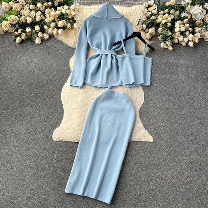 Women's long sleeve belted cardigan cami top & midi skirt set