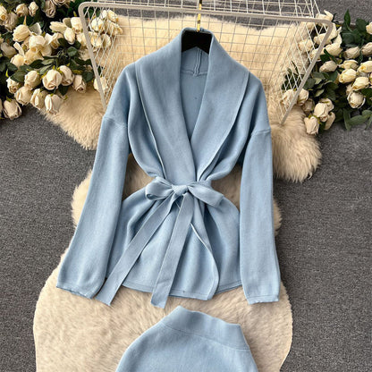 Women's long sleeve belted cardigan cami top & midi skirt set