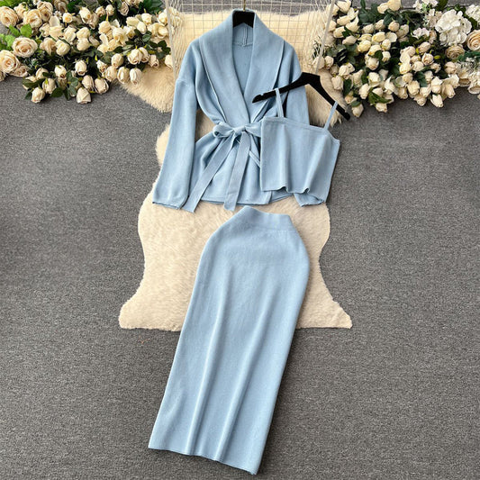 Belted Cardigan Cami Top & Midi Skirt Set