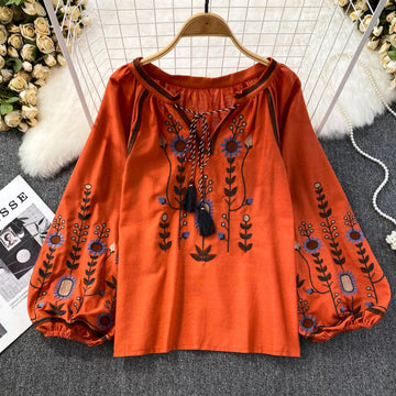 Women's retro loose boho tassel balloon sleeve round neck top