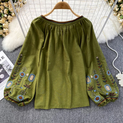 Women's retro loose boho tassel balloon sleeve round neck top