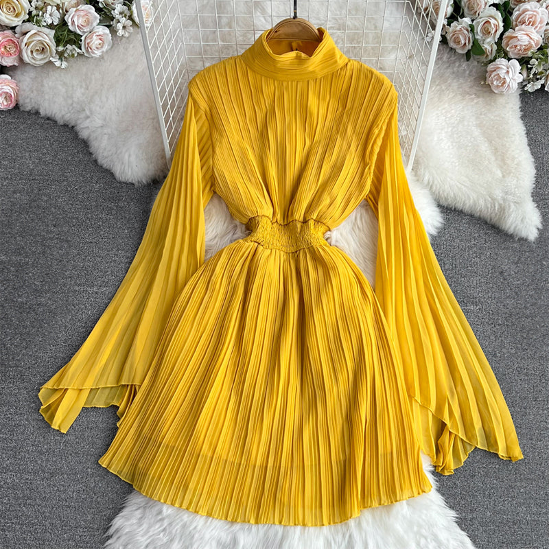 Women's pleated trumpet sleeve high waist chiffon collar dress