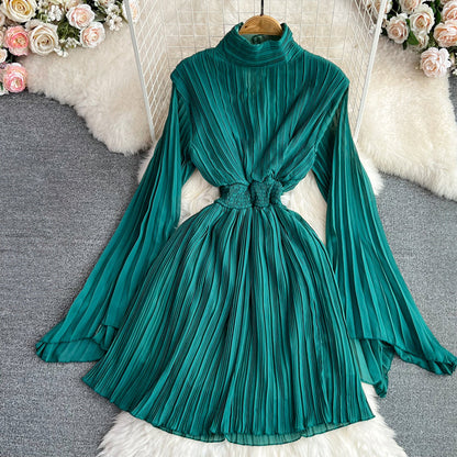 Women's pleated trumpet sleeve high waist chiffon collar dress