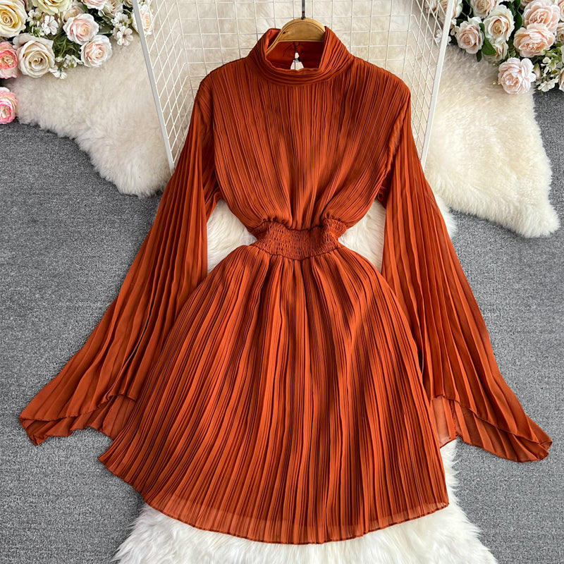 Women's pleated trumpet sleeve high waist chiffon collar dress