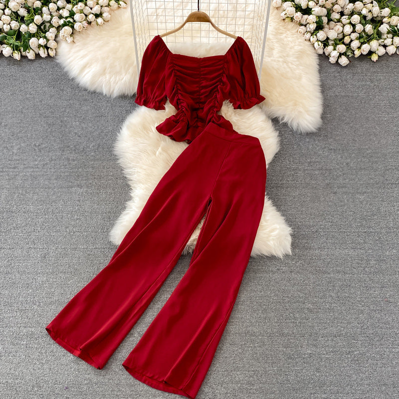 Women's casual high waist wide leg pants square collar top set