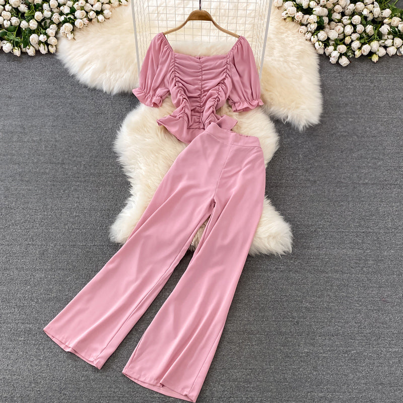 Women's casual high waist wide leg pants square collar top set
