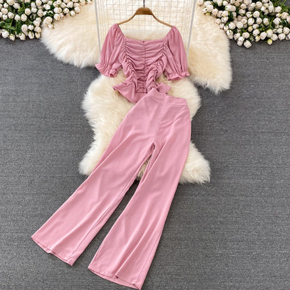 Women's casual high waist wide leg pants square collar top set
