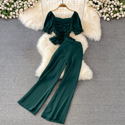 Women's casual high waist wide leg pants square collar top set