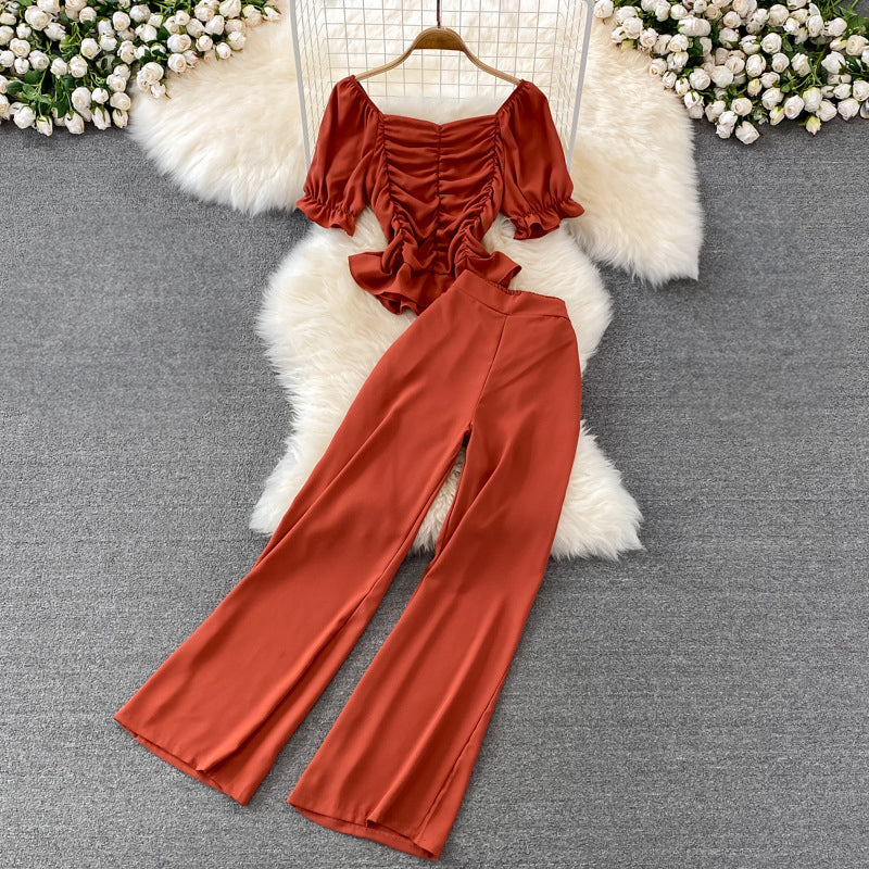 Women's casual high waist wide leg pants square collar top set