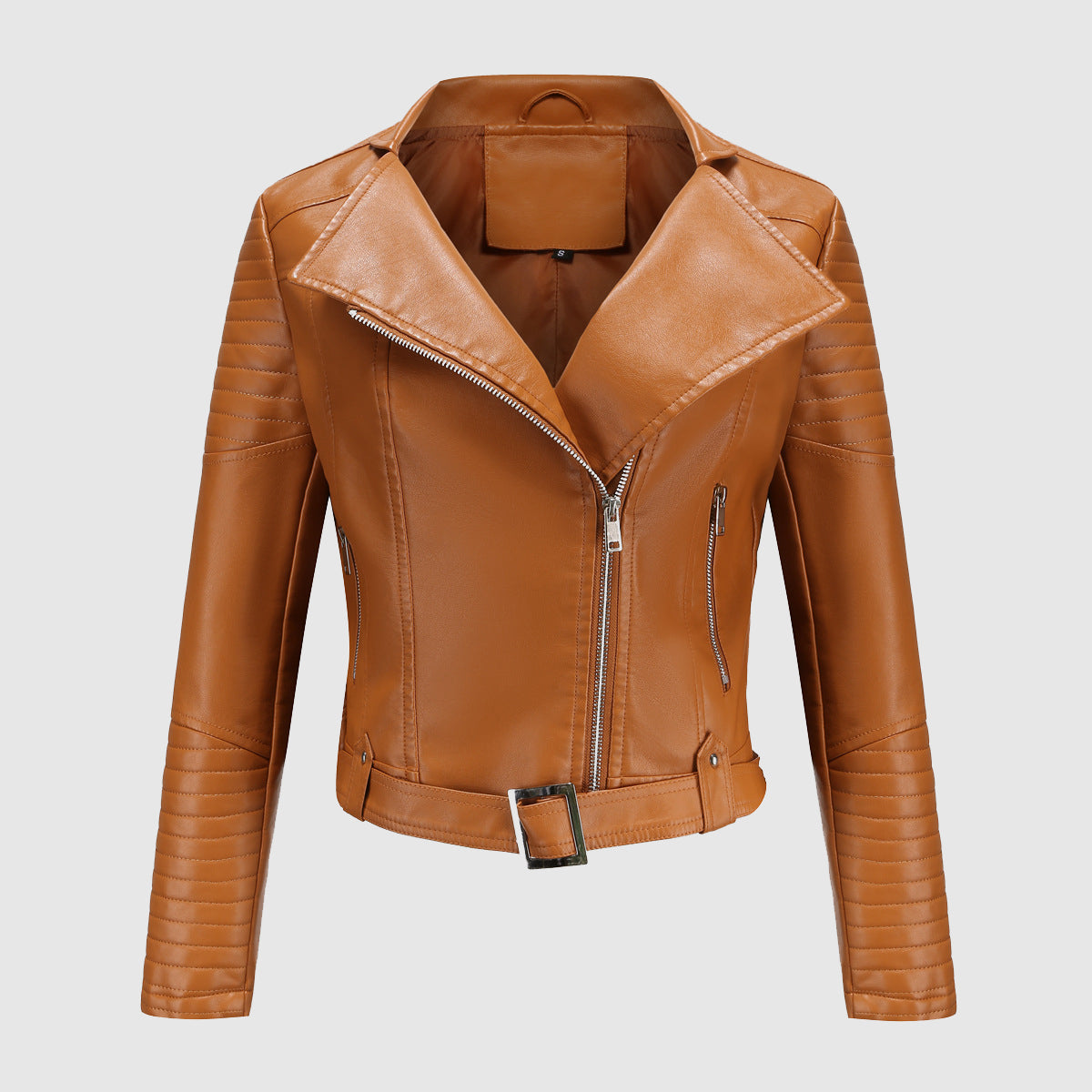 Women's zipper lapel belt short PU leather motorcycle jacket