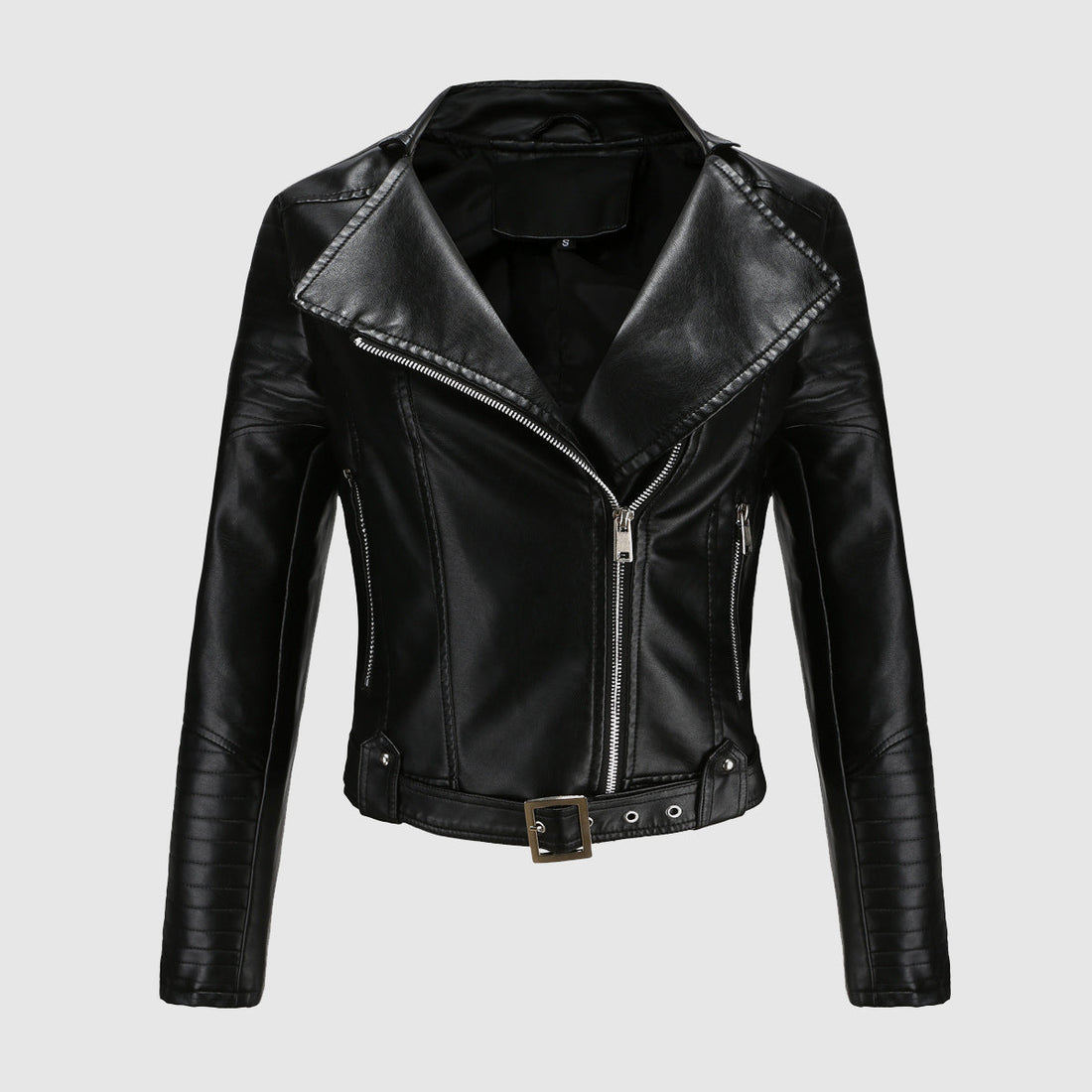 Women's zipper lapel belt short PU leather motorcycle jacket