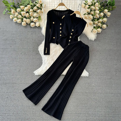 Women's v-neck long sleeve knit jacket vest wide-leg trousers three-piece set