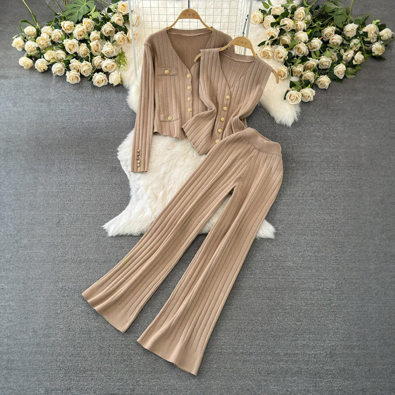 Women's v-neck long sleeve knit jacket vest wide-leg trousers three-piece set