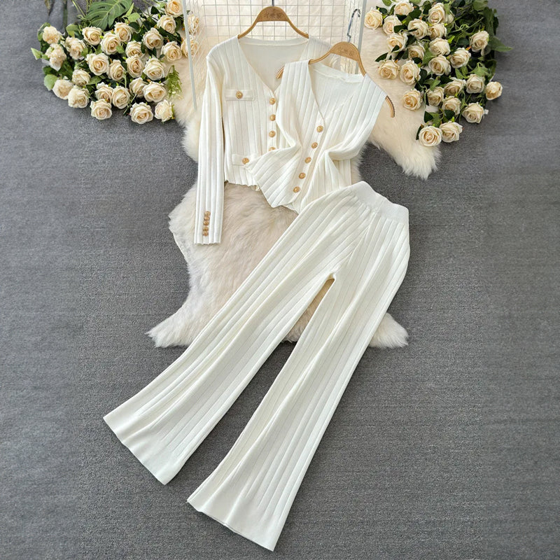 Knit Long Sleeve Three-Piece Wide Leg Set