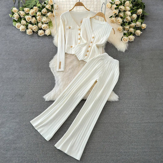 Knit Long Sleeve Three-Piece Wide Leg Set