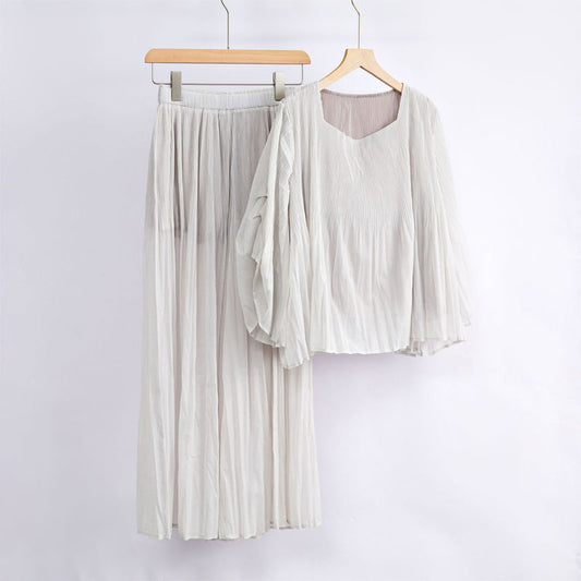 Chiffon Pleated Wide-Leg Top and Pants Set