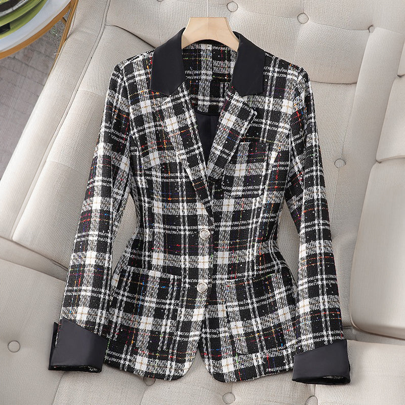 Women's plaid lapel two-button blazer