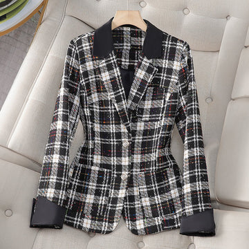 Women's plaid lapel two-button blazer