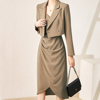 Women's slim short blazer shirred suspender dress two-piece set