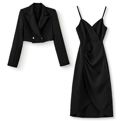 Women's slim short blazer shirred suspender dress two-piece set