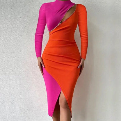 Women's mock dress slant zipper long sleeve slit bodycon dress