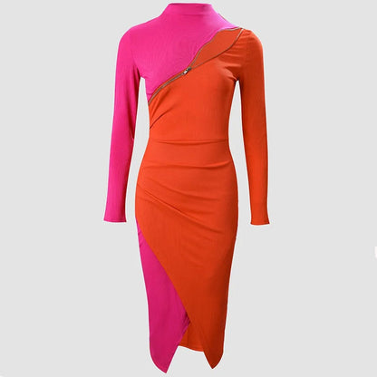 Women's mock dress slant zipper long sleeve slit bodycon dress