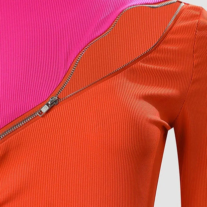 Women's mock dress slant zipper long sleeve slit bodycon dress