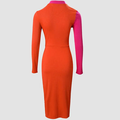 Women's mock dress slant zipper long sleeve slit bodycon dress