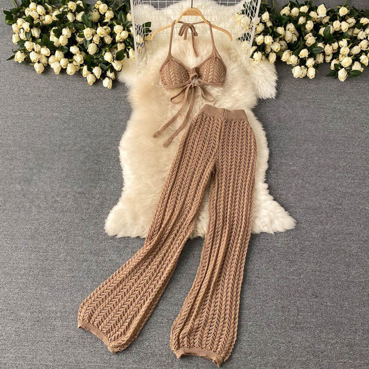 Crochet Tie-Up Back Halter Top & Pants Set