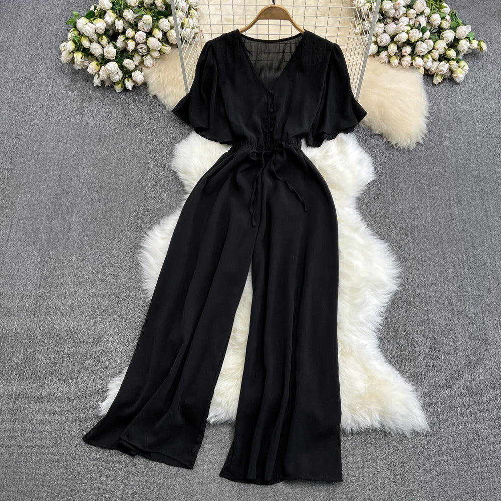 Women's summer v-neck jumpsuit with trumpet sleeves