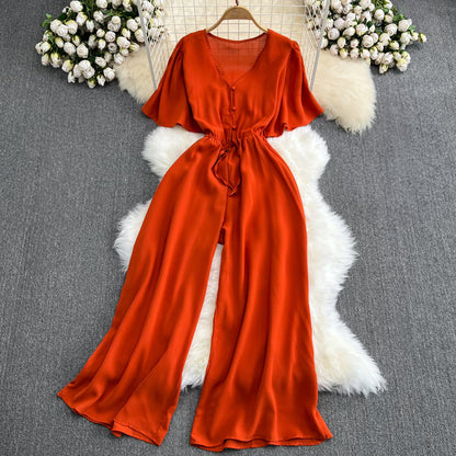 Women's summer v-neck jumpsuit with trumpet sleeves