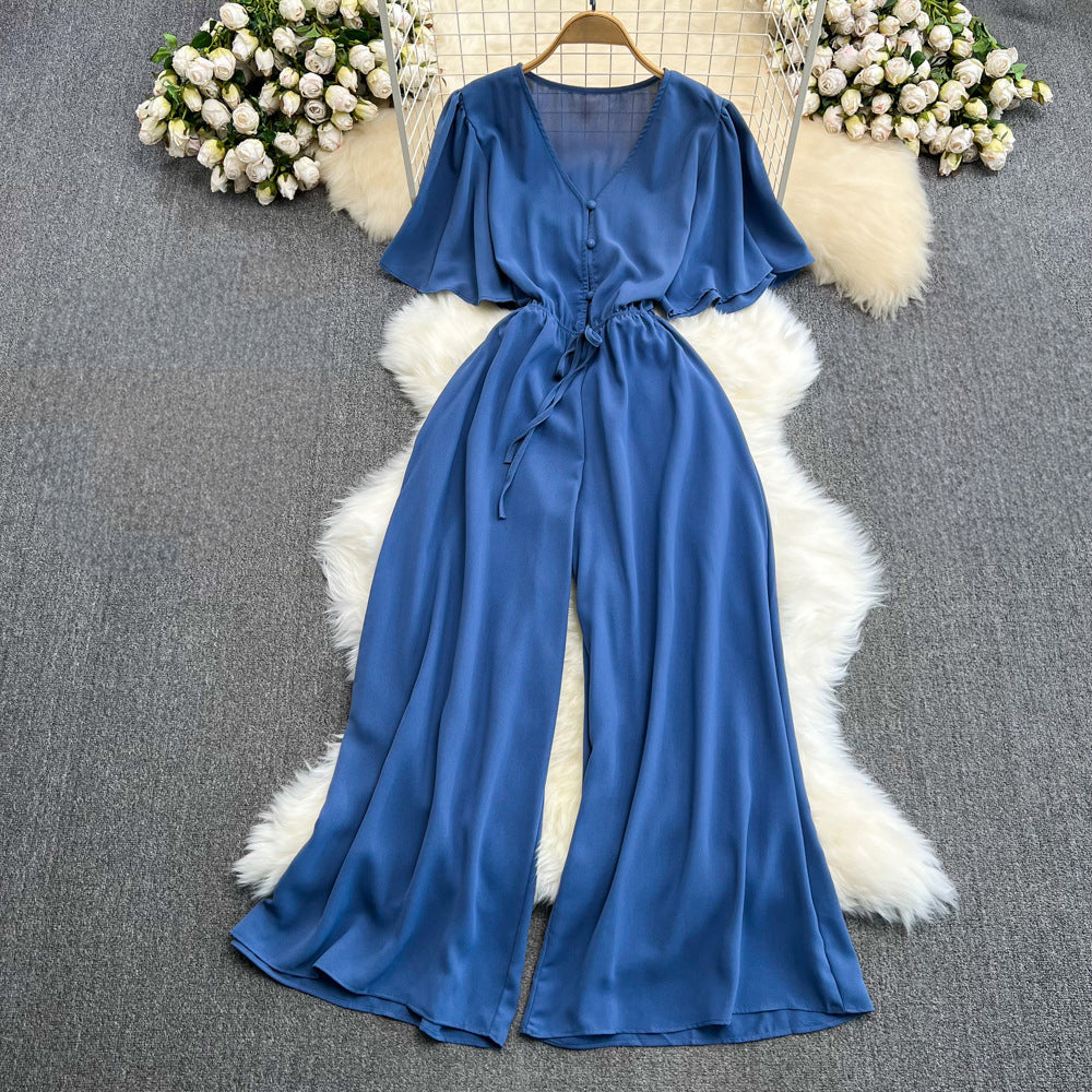 Women's summer v-neck jumpsuit with trumpet sleeves