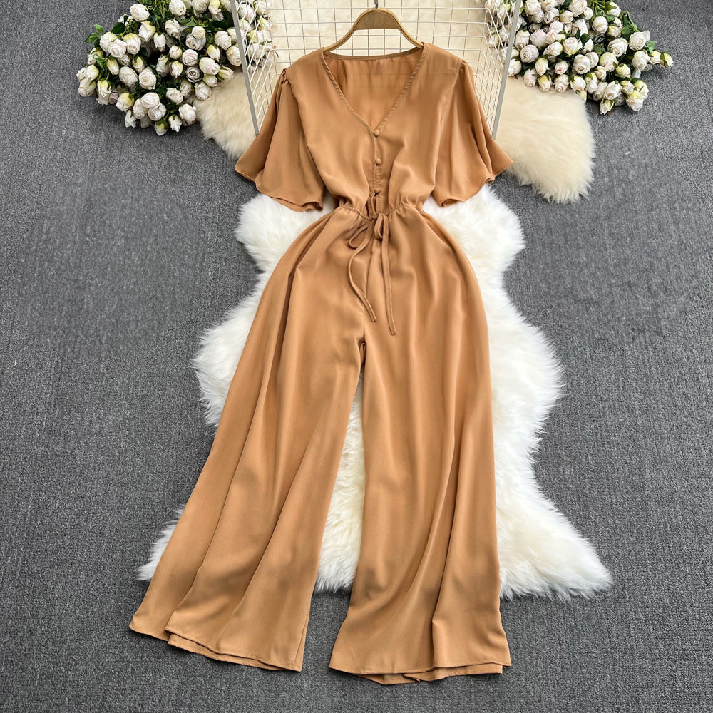 Women's summer v-neck jumpsuit with trumpet sleeves