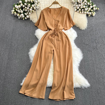 Women's summer v-neck jumpsuit with trumpet sleeves