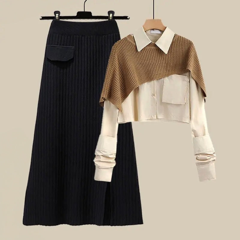 Women's autumn loose shawl shirt high waist knit skirt three-piece set