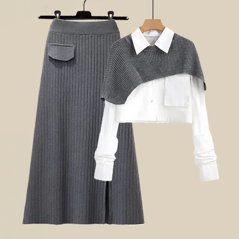 Women's autumn loose shawl shirt high waist knit skirt three-piece set