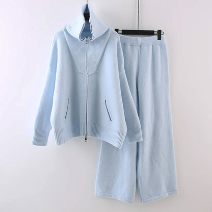 Women's casual lapel collar knitted sweater jacket and wide-leg trousers set