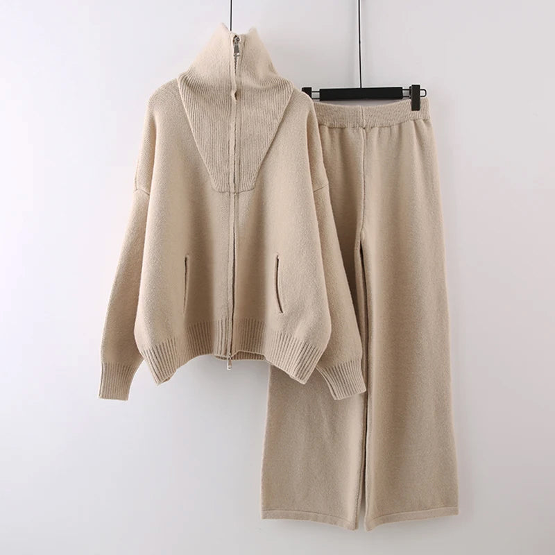 Women's casual lapel collar knitted sweater jacket and wide-leg trousers set