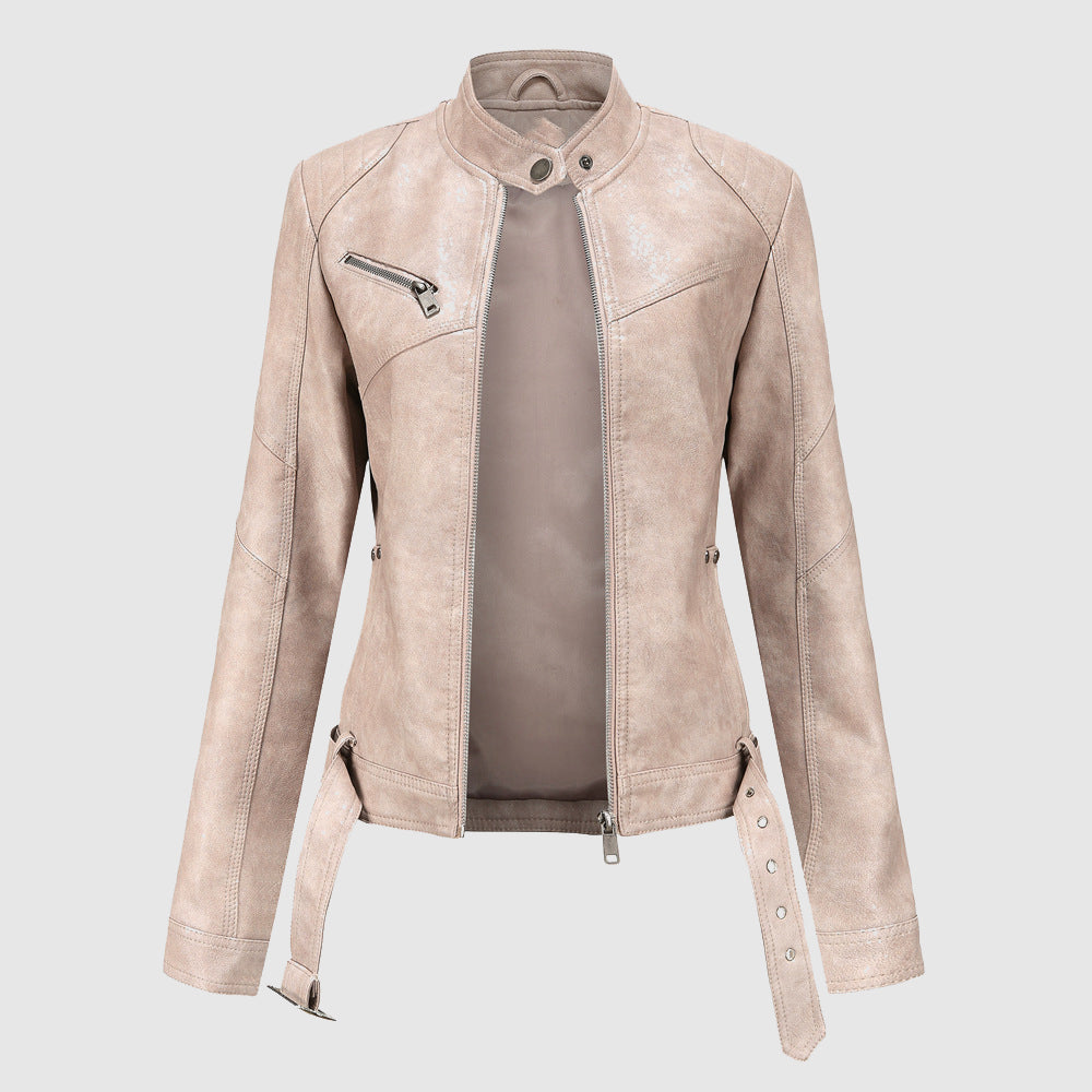 Women's faux leather stand collar zip-up jacket