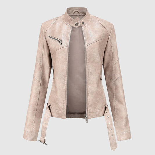 Faux Leather Stand Collar Zip-Up Jacket
