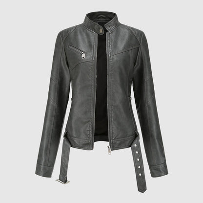 Women's faux leather stand collar zip-up jacket