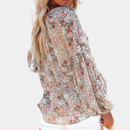 Women's Blouse - V-Neck - Long Puff Sleeves - Flowy Floral Casual Top